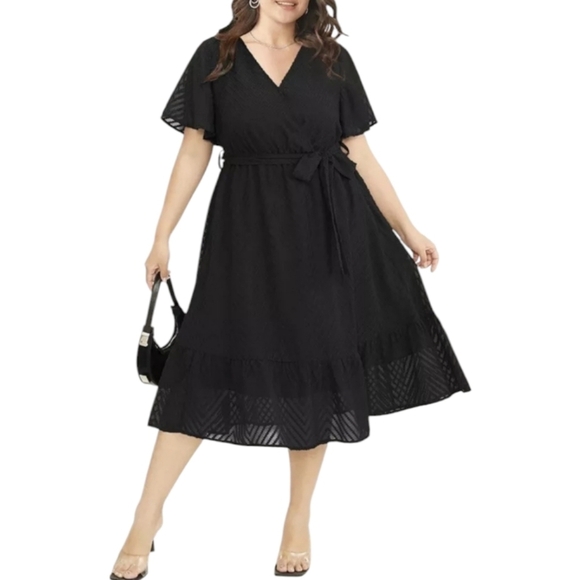BloomChic Dresses & Skirts - BloomChic Black Geometric Pocket Ruffle Sleeve Belted Midi Dress - Women's Plus